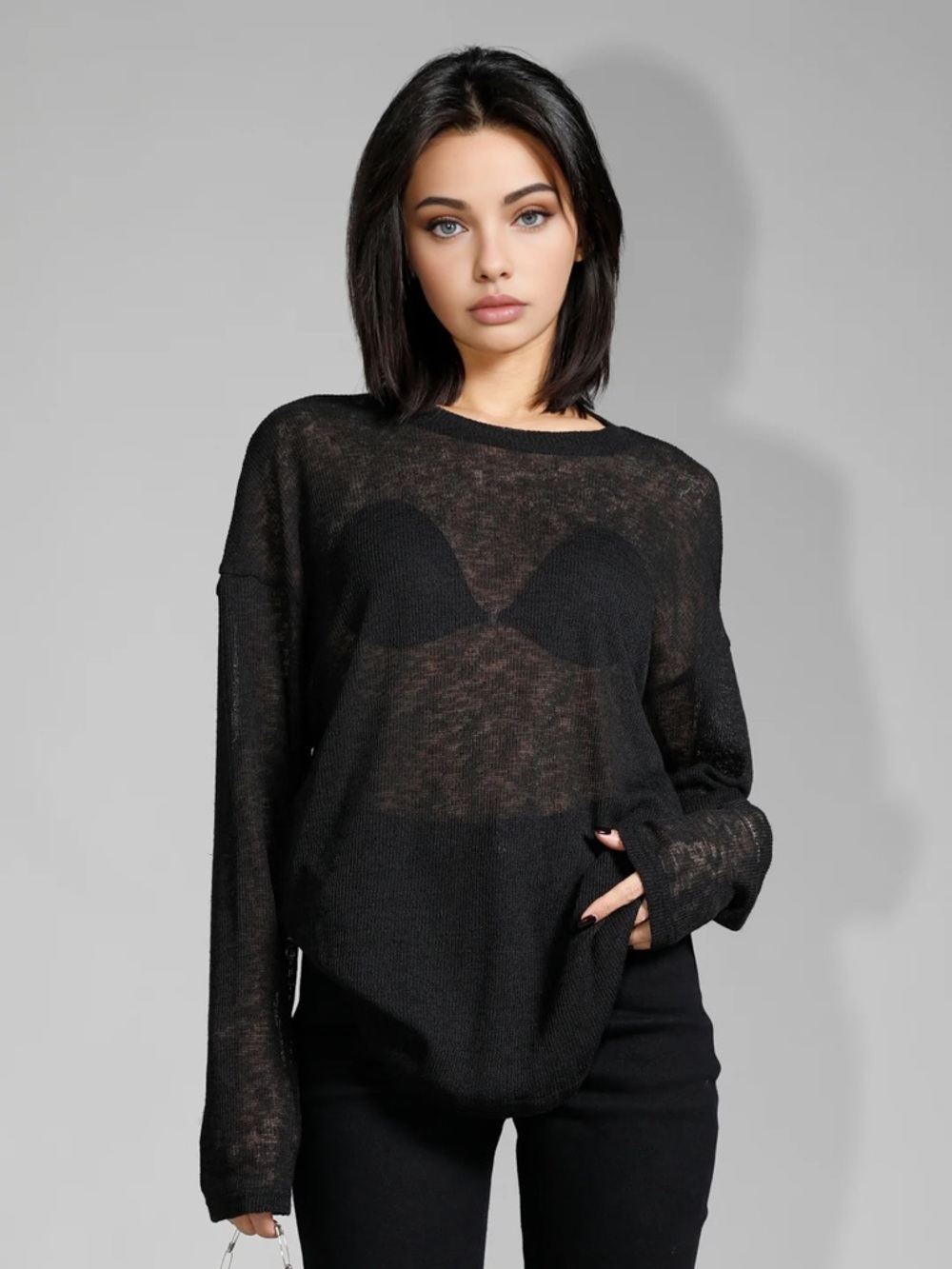 Commense Sheer Knit Long-Sleeve Top in Black